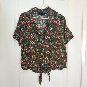 Lily Morgan Green Floral Button-Down Shirt Tie Front Sz L